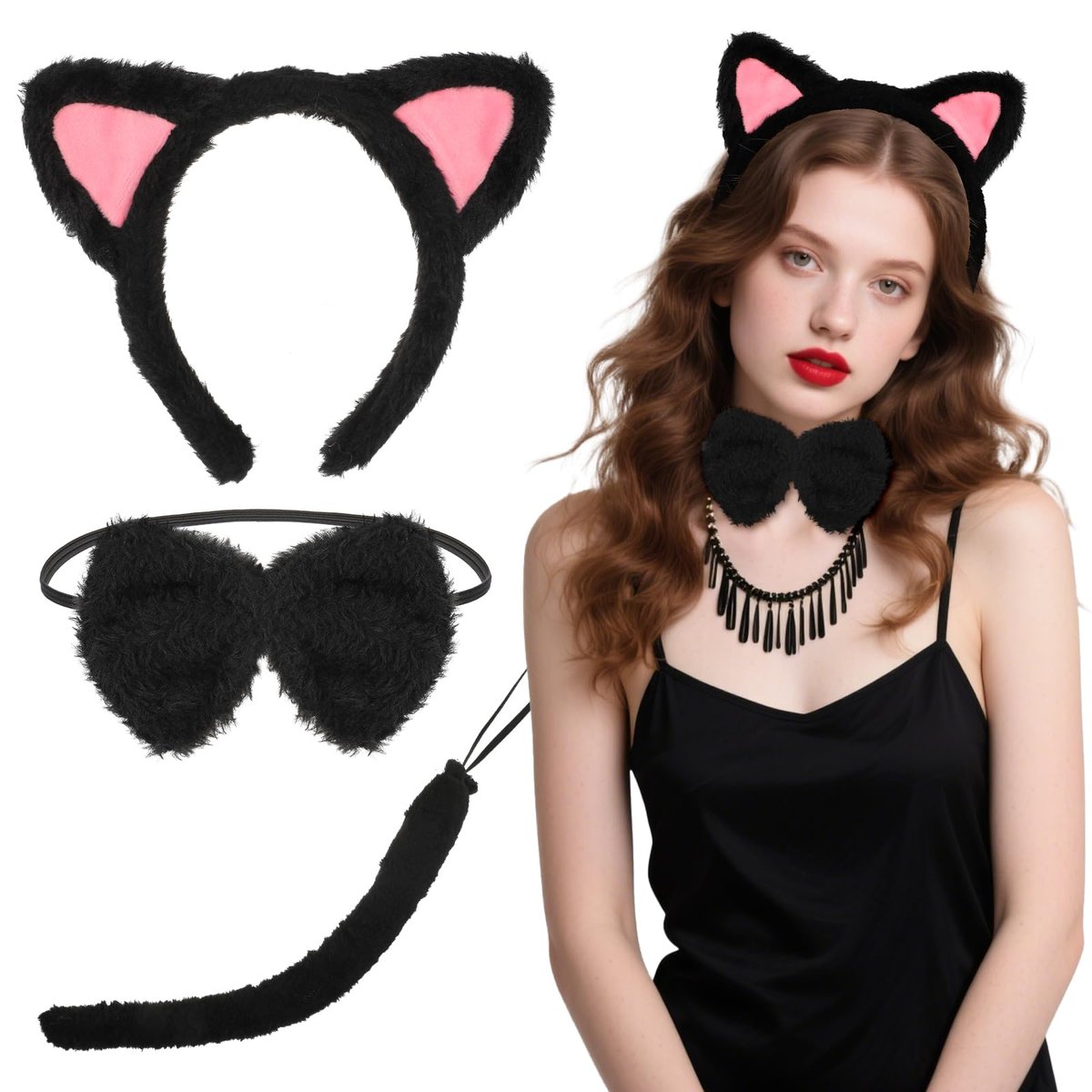 COMNICO Cat Ears Headband Set With Bow Tie and Tail - Black Soft Plush Fuzzy Kitten Hair Head Band for Women Halloween Carnival Anime Cosplay Party Costume Makeup Photo Props - görsel 1