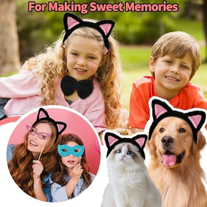 COMNICO Cat Ears Headband Set With Bow Tie and Tail - Black Soft Plush Fuzzy Kitten Hair Head Band for Women Halloween Carnival Anime Cosplay Party Costume Makeup Photo Props