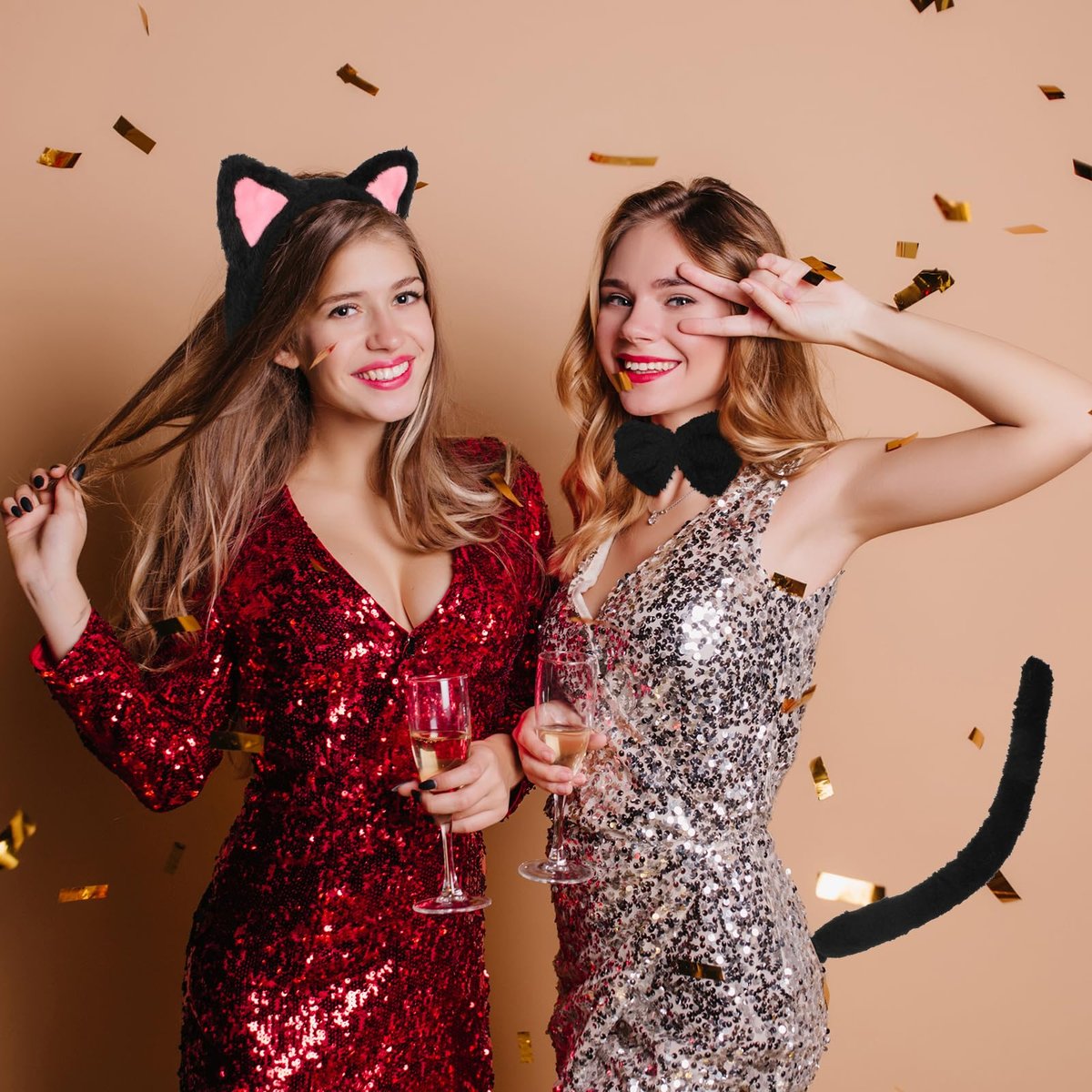 COMNICO Cat Ears Headband Set With Bow Tie and Tail - Black Soft Plush Fuzzy Kitten Hair Head Band for Women Halloween Carnival Anime Cosplay Party Costume Makeup Photo Props - görsel 13