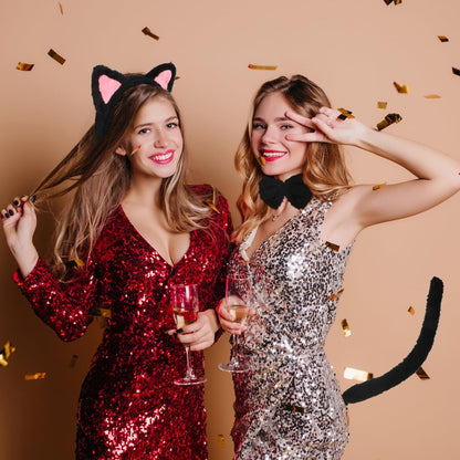 COMNICO Cat Ears Headband Set With Bow Tie and Tail - Black Soft Plush Fuzzy Kitten Hair Head Band for Women Halloween Carnival Anime Cosplay Party Costume Makeup Photo Props