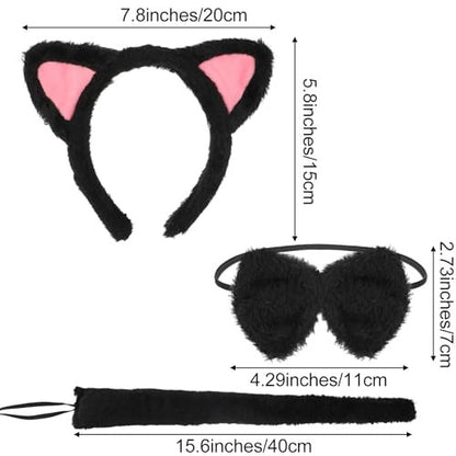 COMNICO Cat Ears Headband Set With Bow Tie and Tail - Black Soft Plush Fuzzy Kitten Hair Head Band for Women Halloween Carnival Anime Cosplay Party Costume Makeup Photo Props