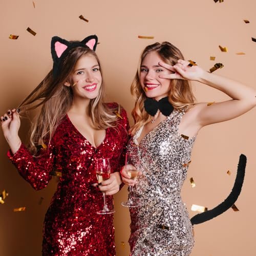 COMNICO Cat Ears Headband Set With Bow Tie and Tail - Black Soft Plush Fuzzy Kitten Hair Head Band for Women Halloween Carnival Anime Cosplay Party Costume Makeup Photo Props - görsel 14