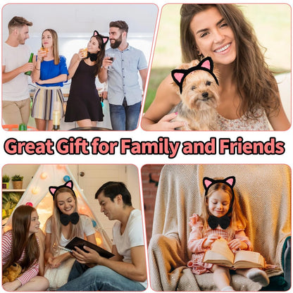 COMNICO Cat Ears Headband Set With Bow Tie and Tail - Black Soft Plush Fuzzy Kitten Hair Head Band for Women Halloween Carnival Anime Cosplay Party Costume Makeup Photo Props