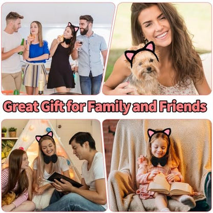 COMNICO Cat Ears Headband Set With Bow Tie and Tail - Black Soft Plush Fuzzy Kitten Hair Head Band for Women Halloween Carnival Anime Cosplay Party Costume Makeup Photo Props