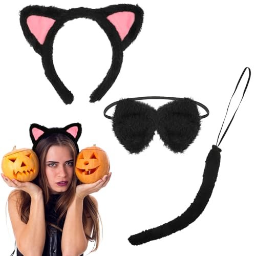 COMNICO Cat Ears Headband Set With Bow Tie and Tail - Black Soft Plush Fuzzy Kitten Hair Head Band for Women Halloween Carnival Anime Cosplay Party Costume Makeup Photo Props - görsel 16