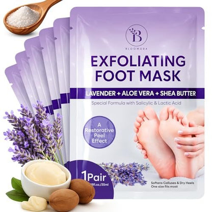 BLOOMORA Foot Peeling Mask (6 Pairs) - Exfoliating Foot Mask for Dry Cracked Feet with Lavender & Shea Butter, Dead Skin & Callus Remover for Women & Men, One Size Fits Most