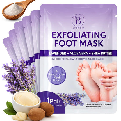 BLOOMORA Foot Peeling Mask (6 Pairs) - Exfoliating Foot Mask for Dry Cracked Feet with Lavender & Shea Butter, Dead Skin & Callus Remover for Women & Men, One Size Fits Most