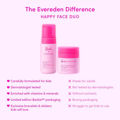 Evereden Barbie Limited Edition Kids Happy Face Duo + Exclusive Accessories | Multi-Vitamin Face Wash & Cream Set with Stickers + Bracelets | Clean Skin Care for 3+ | Barbie Gift Box for Kids Avelisse