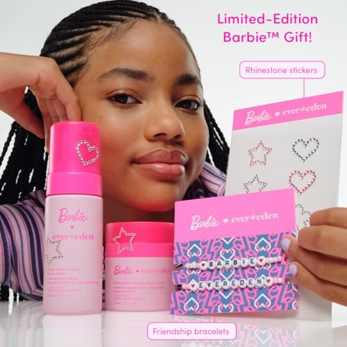 Evereden Barbie Limited Edition Kids Happy Face Duo + Exclusive Accessories | Multi-Vitamin Face Wash & Cream Set with Stickers + Bracelets | Clean Skin Care for 3+ | Barbie Gift Box for Kids Avelisse