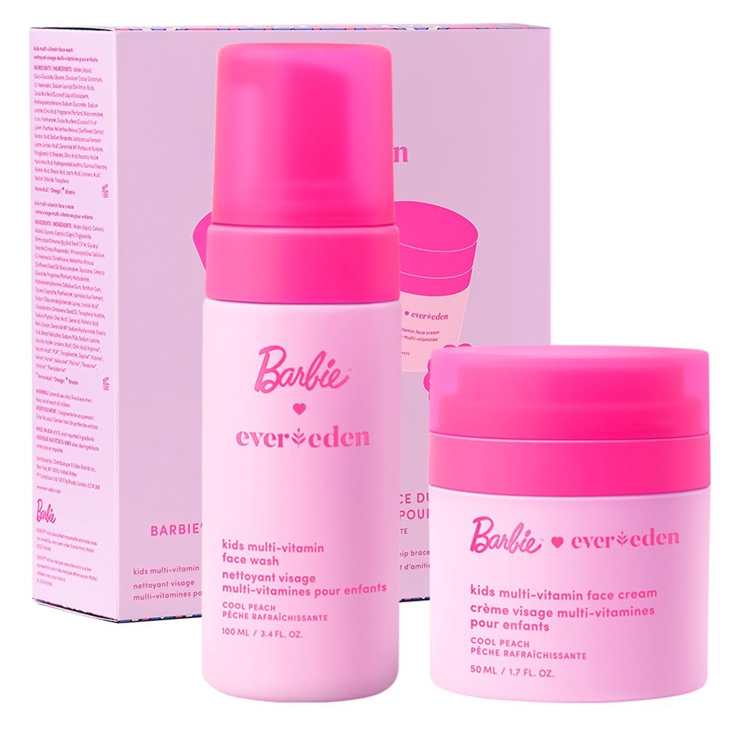 Evereden Barbie Limited Edition Kids Happy Face Duo + Exclusive Accessories | Multi-Vitamin Face Wash & Cream Set with Stickers + Bracelets | Clean Skin Care for 3+ | Barbie Gift Box for Kids Avelisse