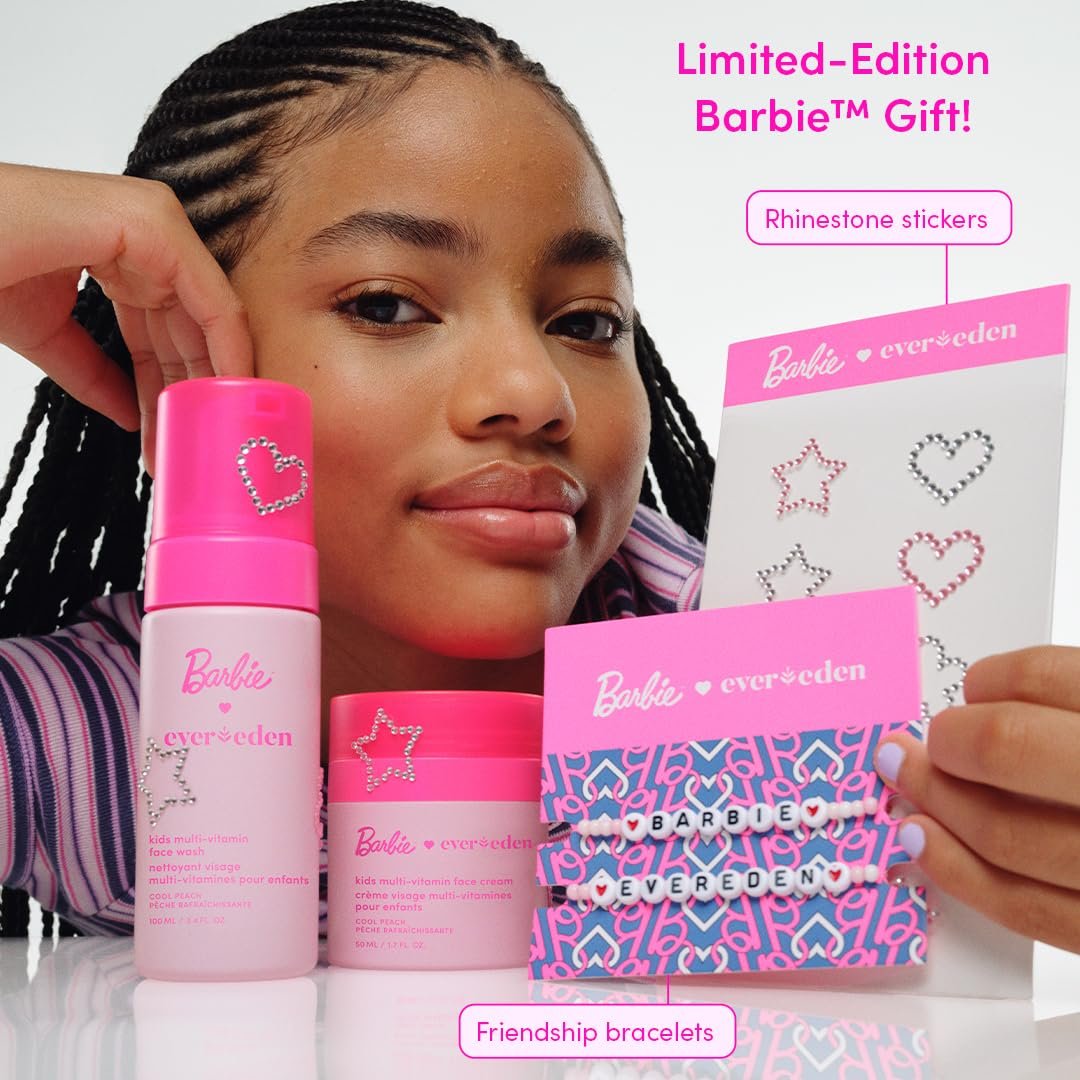 Evereden Barbie Limited Edition Kids Happy Face Duo + Exclusive Accessories | Multi-Vitamin Face Wash & Cream Set with Stickers + Bracelets | Clean Skin Care for 3+ | Barbie Gift Box for Kids Avelisse