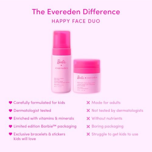 Evereden Barbie Limited Edition Kids Happy Face Duo + Exclusive Accessories | Multi-Vitamin Face Wash & Cream Set with Stickers + Bracelets | Clean Skin Care for 3+ | Barbie Gift Box for Kids Avelisse