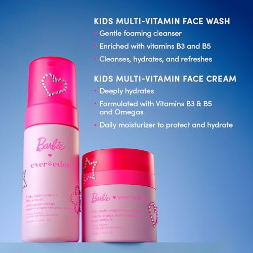 Evereden Barbie Limited Edition Kids Happy Face Duo + Exclusive Accessories | Multi-Vitamin Face Wash & Cream Set with Stickers + Bracelets | Clean Skin Care for 3+ | Barbie Gift Box for Kids Avelisse