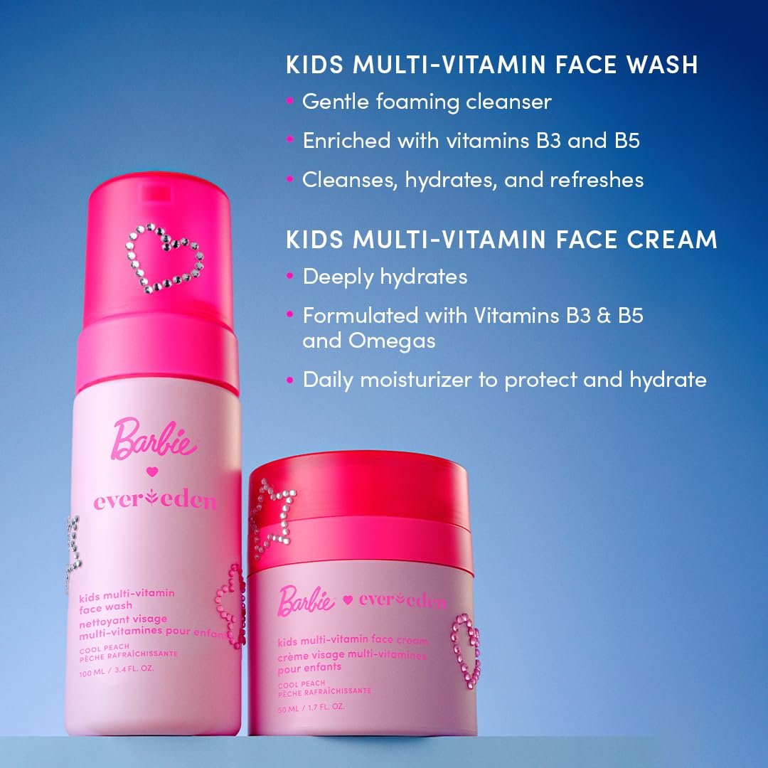 Evereden Barbie Limited Edition Kids Happy Face Duo + Exclusive Accessories | Multi-Vitamin Face Wash & Cream Set with Stickers + Bracelets | Clean Skin Care for 3+ | Barbie Gift Box for Kids Avelisse