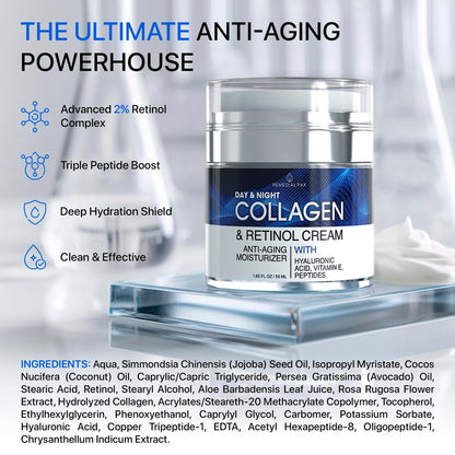 Collagen Face Cream with Retinol & Hyaluronic Acid - Anti Aging Moisturizer for Women & Men, Firming Day & Night Cream for Wrinkles, Hydrating Facial Lotion for All Skin Types