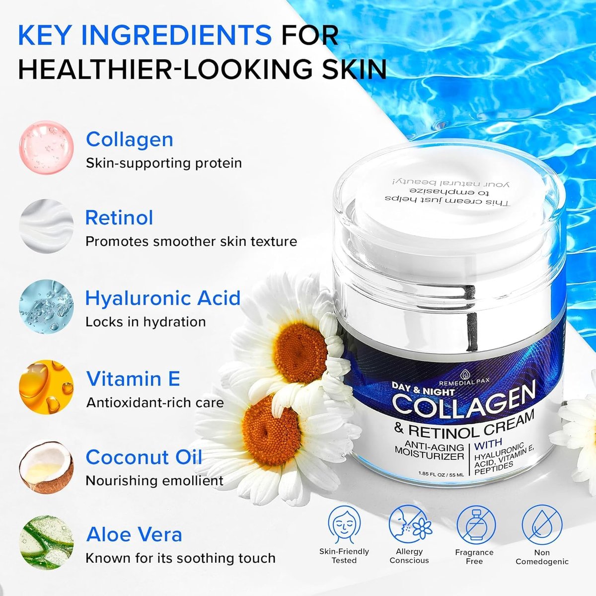 Collagen Face Cream with Retinol & Hyaluronic Acid - Anti Aging Moisturizer for Women & Men, Firming Day & Night Cream for Wrinkles, Hydrating Facial Lotion for All Skin Types - görsel 5