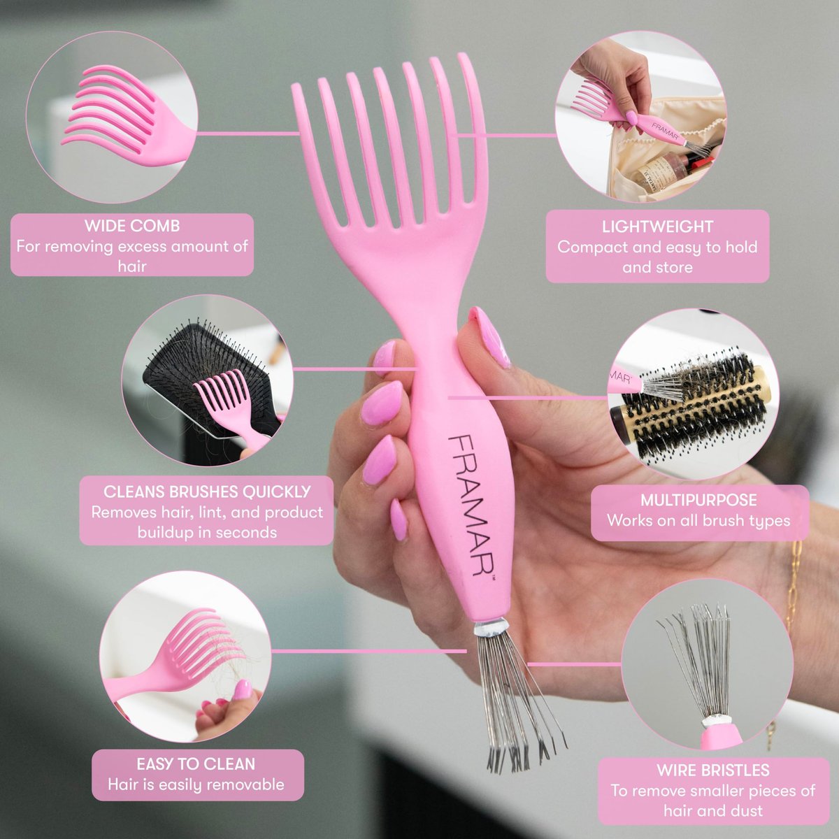 FRAMAR Premium Hair Brush Cleaner Tool – 2-in-1 Hairbrush & Comb Cleaner Removes Hair and Buildup Instantly – Pink - görsel 3