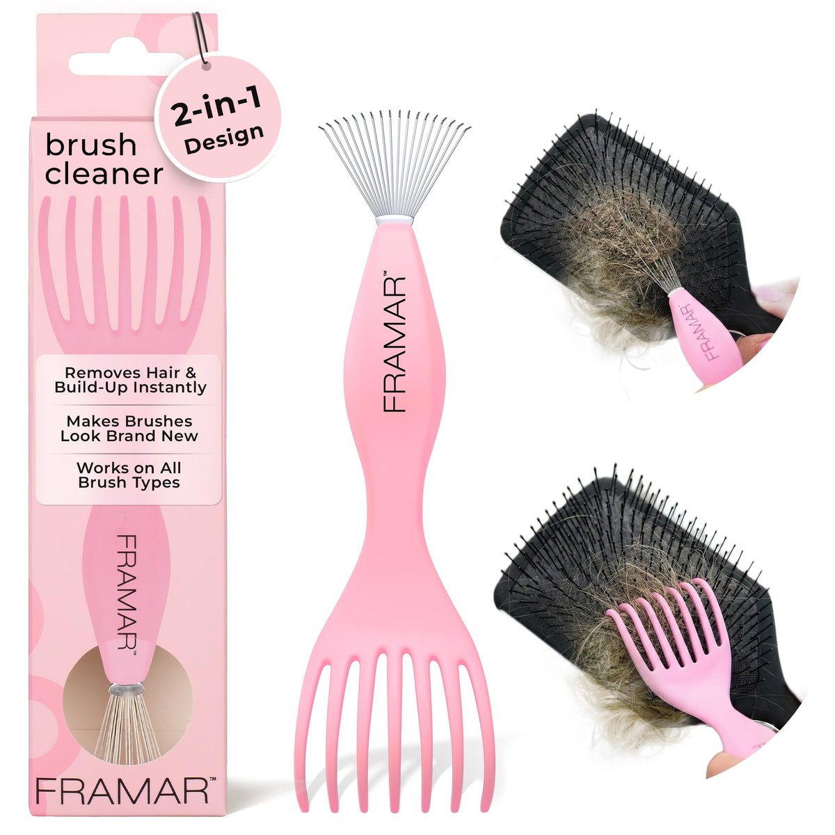 FRAMAR Premium Hair Brush Cleaner Tool – 2-in-1 Hairbrush & Comb Cleaner Removes Hair and Buildup Instantly – Pink - görsel 1