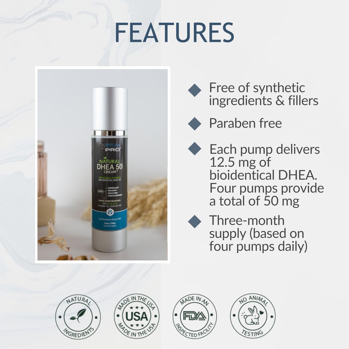BIOLABS PRO DHEA Cream - Bioidentical Natural DHEA for Women or Men - 50mg Per Dose - Three Month Supply - Luxury Bottle - 3.6oz Avelisse