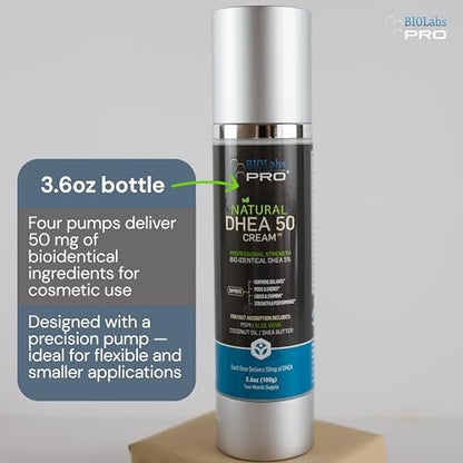 BIOLABS PRO DHEA Cream - Bioidentical Natural DHEA for Women or Men - 50mg Per Dose - Three Month Supply - Luxury Bottle - 3.6oz Avelisse