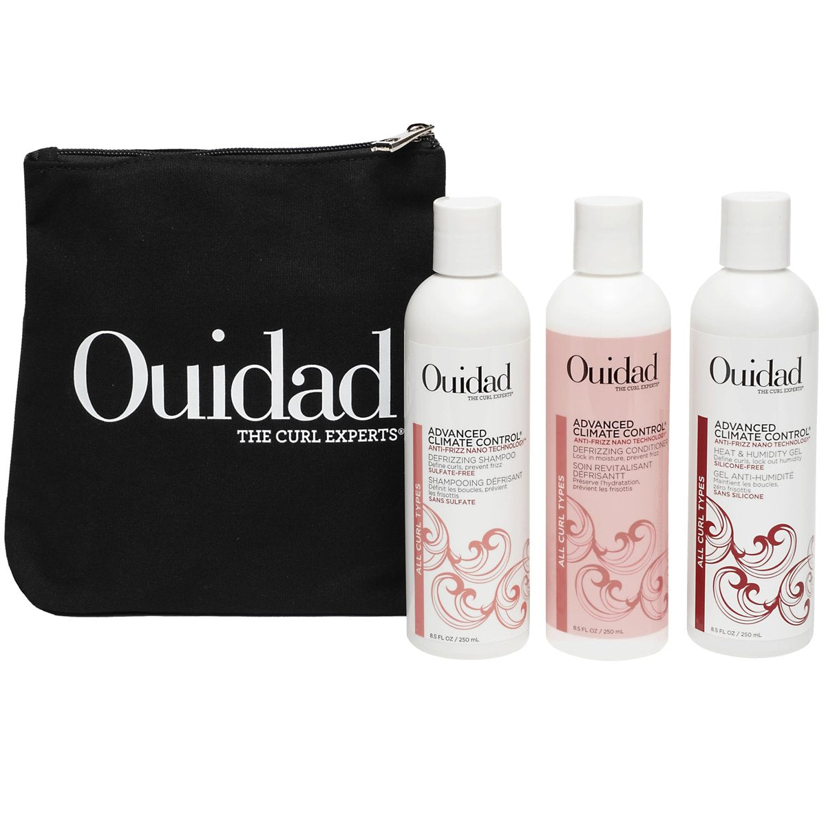Ouidad Frizz-Free Wash Day Hair Care Kit for Curly Hair - Anti-Frizz Advanced Climate Control Shampoo, Conditioner & Gel, Defines Curls, Fights Humidity, Adds Shine – Includes Canvas Bag, 3-Piece Set - görsel 1