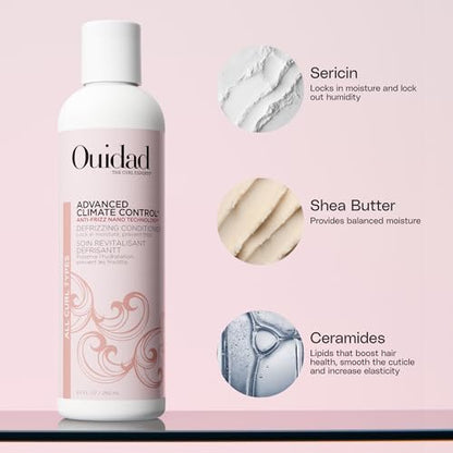 Ouidad Frizz-Free Wash Day Hair Care Kit for Curly Hair - Anti-Frizz Advanced Climate Control Shampoo, Conditioner & Gel, Defines Curls, Fights Humidity, Adds Shine – Includes Canvas Bag, 3-Piece Set