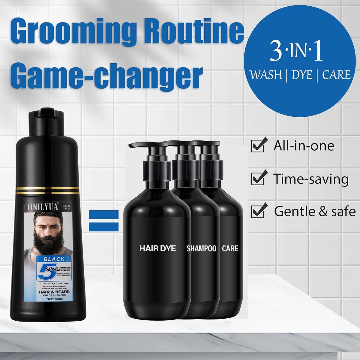 NCEPROHR Beard Dye for Men - Black Beard Color & Hair Dye Shampoo for Gray Coverage, Mens Hair Color Works in Minutes, Easy to Use 16.9 Fl Oz Avelisse