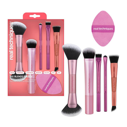 Real Techniques Big Blends Energy Brush + Dual-Sided Puff Kit – 6 Piece Face Makeup Brush & Puff Set for Foundation, Concealer, Powder & Blush, Travel Friendly, Cruelty-Free & Vegan