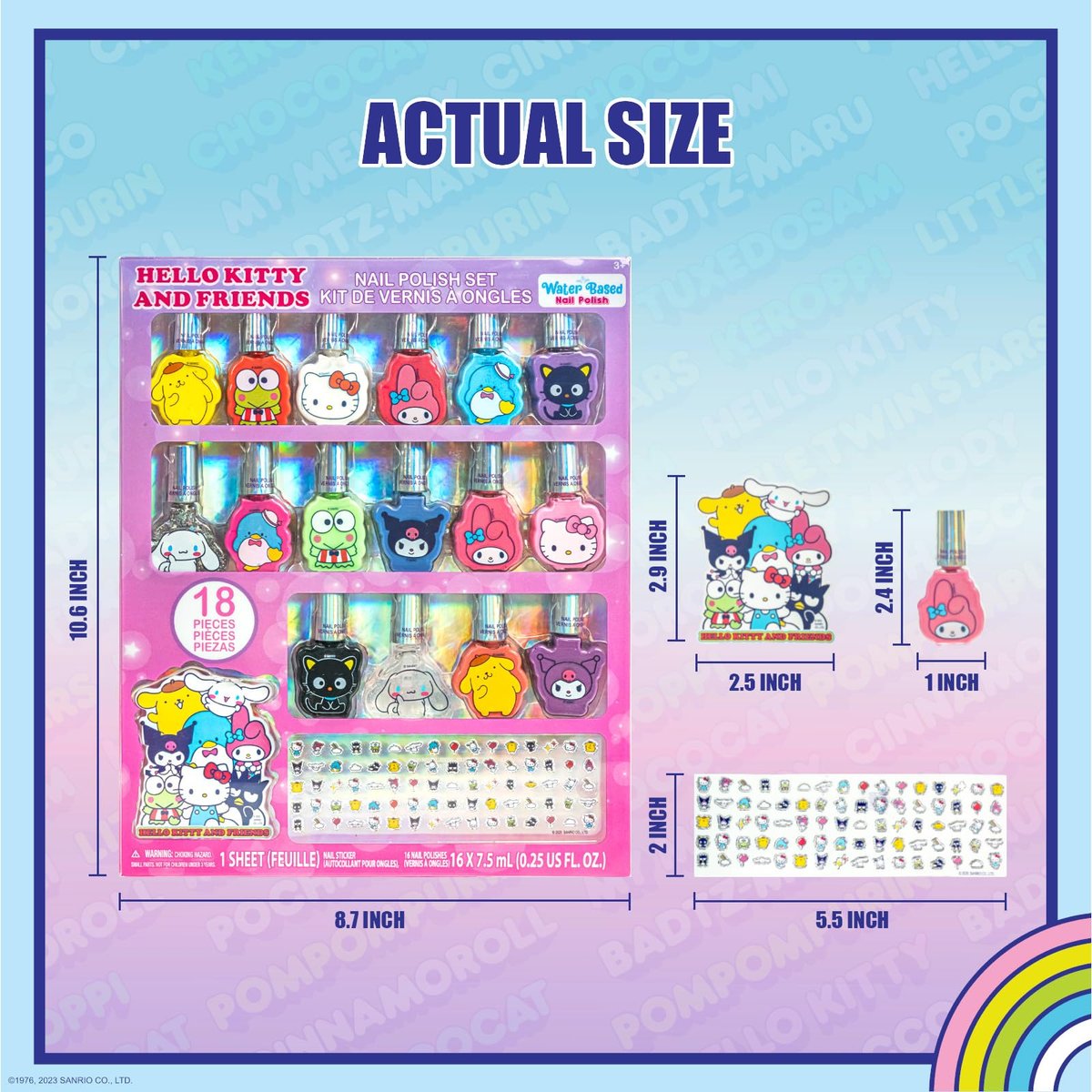 Hello Kitty and Friends 16 Pack Nail Polish Set - Water-Based Peelable Nail Polish with Glittery, Shimmery, and Opaque Colors for Kids Girls Party by Townley Girl Avelisse