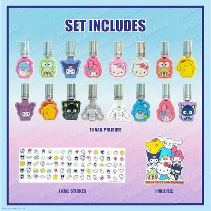 Hello Kitty and Friends 16 Pack Nail Polish Set - Water-Based Peelable Nail Polish with Glittery, Shimmery, and Opaque Colors for Kids Girls Party by Townley Girl Avelisse