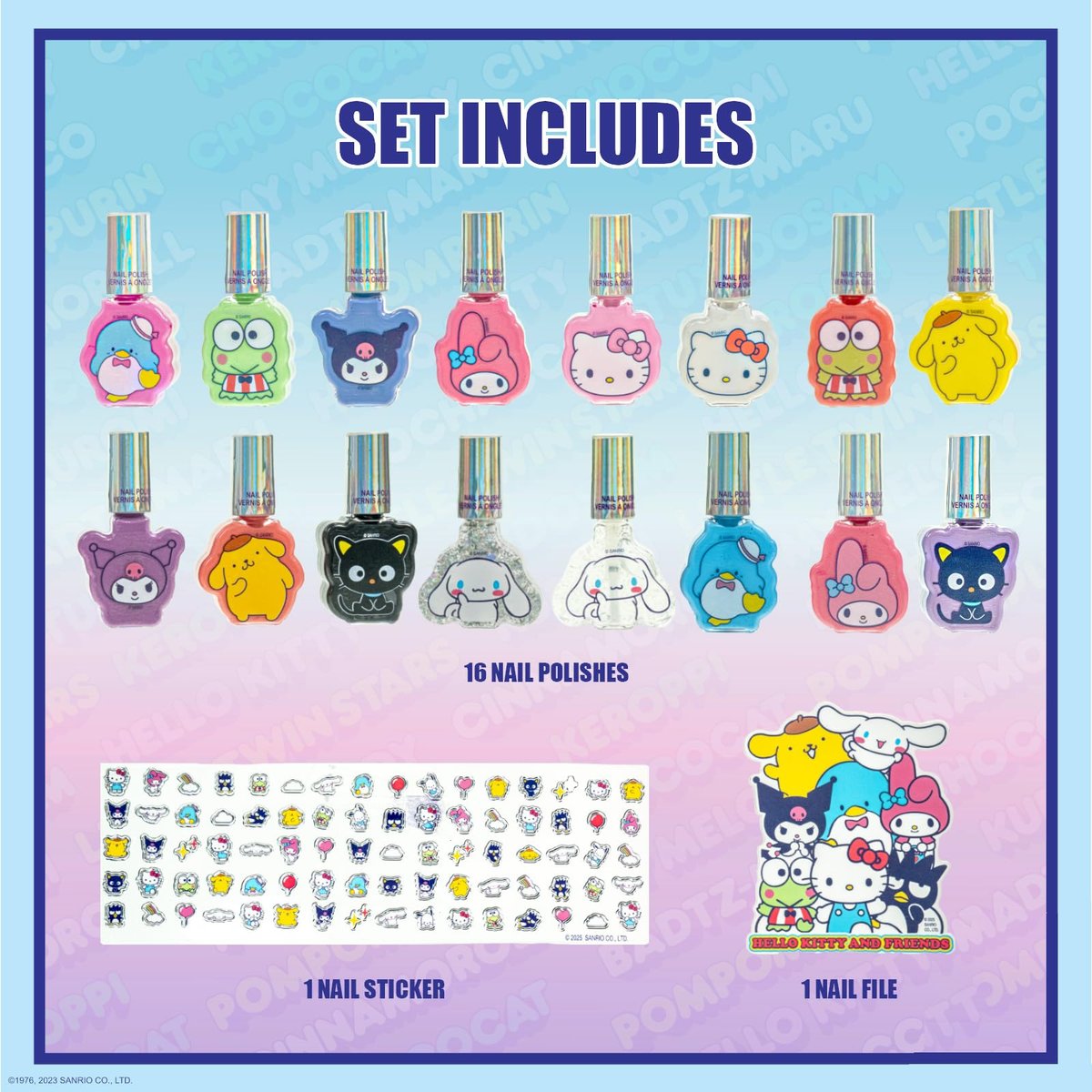 Hello Kitty and Friends 16 Pack Nail Polish Set - Water-Based Peelable Nail Polish with Glittery, Shimmery, and Opaque Colors for Kids Girls Party by Townley Girl Avelisse