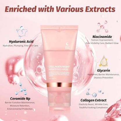 YOTOCK Collagen Night Wrapping Peel off Mask with Brush - Overnight Hydrating Face Mask for Elasticity, Reduces Sagging & Wrinkles - 2.53 Fl Oz