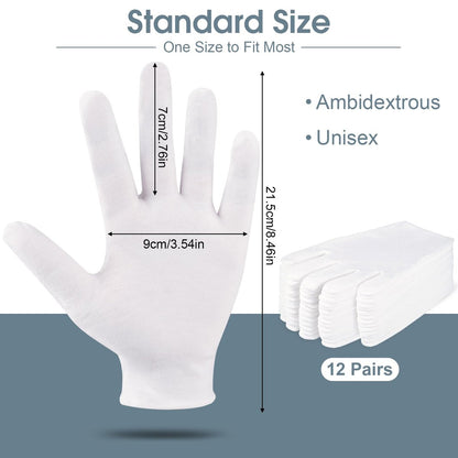 24 Pcs White Cotton Gloves for Dry Hands & Eczema - Moisturizing Sleeping Gloves for Men and Women, Stretchy Breathable Work Gloves for Jewelry Inspection, Spa
