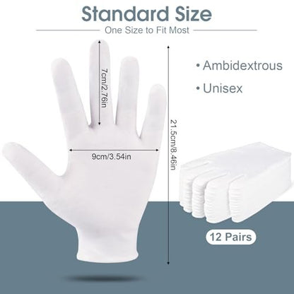 24 Pcs White Cotton Gloves for Dry Hands & Eczema - Moisturizing Sleeping Gloves for Men and Women, Stretchy Breathable Work Gloves for Jewelry Inspection, Spa
