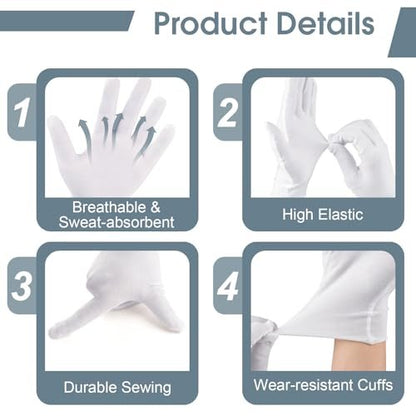 24 Pcs White Cotton Gloves for Dry Hands & Eczema - Moisturizing Sleeping Gloves for Men and Women, Stretchy Breathable Work Gloves for Jewelry Inspection, Spa