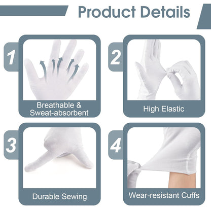 24 Pcs White Cotton Gloves for Dry Hands & Eczema - Moisturizing Sleeping Gloves for Men and Women, Stretchy Breathable Work Gloves for Jewelry Inspection, Spa