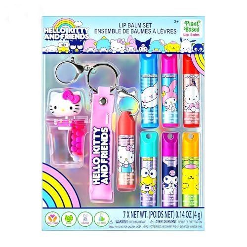 Hello Kitty and Friends 7 Pack Lip Balm with Keychain - Plant Based Moisturizing Lip Balm for Girls Kids by Townley Girl - görsel 1
