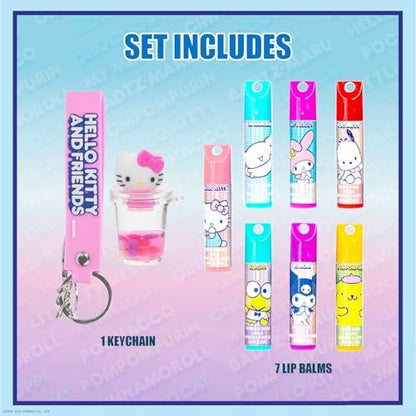 Hello Kitty and Friends 7 Pack Lip Balm with Keychain - Plant Based Moisturizing Lip Balm for Girls Kids by Townley Girl