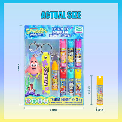 SpongeBob SquarePants 7 Pack Lip Balm with Keychain - Plant Based Hydrating Moisturizing Lip Balm for Girls & Kids by Townley Girl