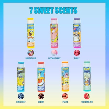 SpongeBob SquarePants 7 Pack Lip Balm with Keychain - Plant Based Hydrating Moisturizing Lip Balm for Girls & Kids by Townley Girl