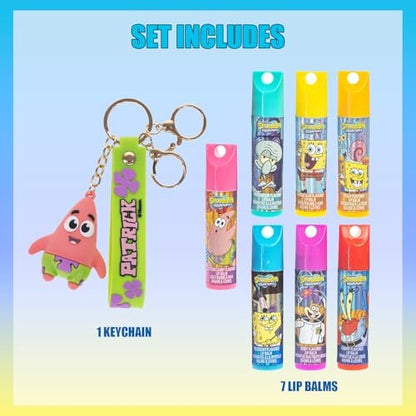SpongeBob SquarePants 7 Pack Lip Balm with Keychain - Plant Based Hydrating Moisturizing Lip Balm for Girls & Kids by Townley Girl
