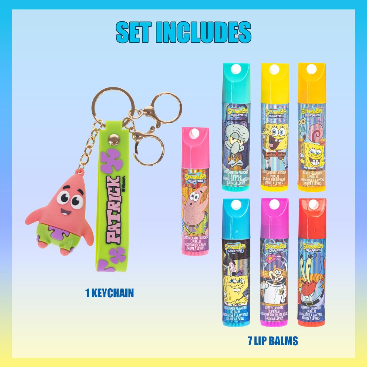 SpongeBob SquarePants 7 Pack Lip Balm with Keychain - Plant Based Hydrating Moisturizing Lip Balm for Girls & Kids by Townley Girl - görsel 3