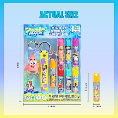 SpongeBob SquarePants 7 Pack Lip Balm with Keychain - Plant Based Hydrating Moisturizing Lip Balm for Girls & Kids by Townley Girl