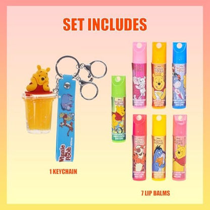 Winnie The Pooh Lip Balm Keychain Accessory Set for Kids – 7 Piece Plant Based Lip Balm with Pooh Themed Keychain Accessories by Townley Girl
