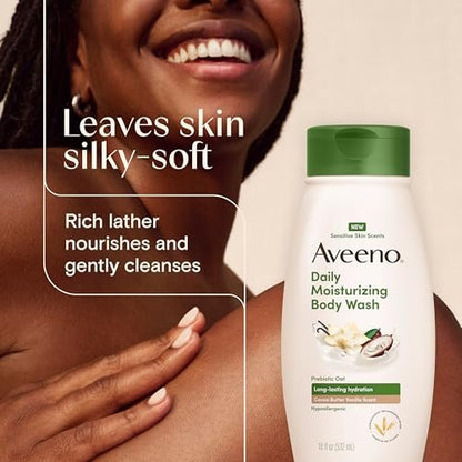 Aveeno Daily Moisturizing Body Wash with Cocoa Butter Vanilla Scent & Soothing Prebiotic Oat – Long-Lasting Hydration for Sensitive Skin, Hypoallergenic, Paraben-Free, 18 fl. oz