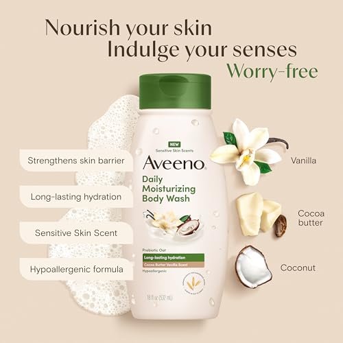 Aveeno Daily Moisturizing Body Wash with Cocoa Butter Vanilla Scent & Soothing Prebiotic Oat – Long-Lasting Hydration for Sensitive Skin, Hypoallergenic, Paraben-Free, 18 fl. oz - görsel 6