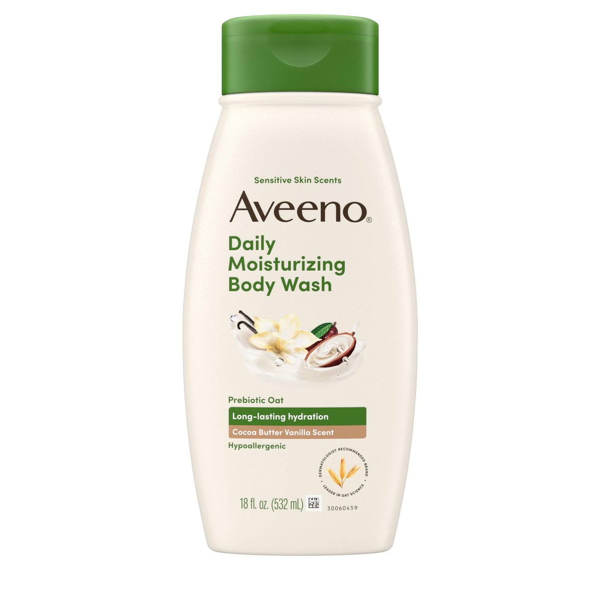 Aveeno Daily Moisturizing Body Wash with Cocoa Butter Vanilla Scent & Soothing Prebiotic Oat – Long-Lasting Hydration for Sensitive Skin, Hypoallergenic, Paraben-Free, 18 fl. oz - görsel 1