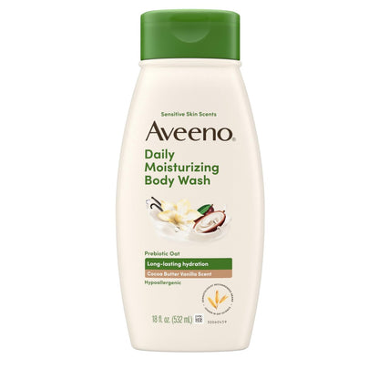 Aveeno Daily Moisturizing Body Wash with Cocoa Butter Vanilla Scent & Soothing Prebiotic Oat – Long-Lasting Hydration for Sensitive Skin, Hypoallergenic, Paraben-Free, 18 fl. oz