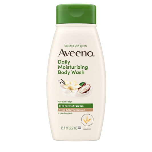 Aveeno Daily Moisturizing Body Wash with Cocoa Butter Vanilla Scent & Soothing Prebiotic Oat – Long-Lasting Hydration for Sensitive Skin, Hypoallergenic, Paraben-Free, 18 fl. oz
