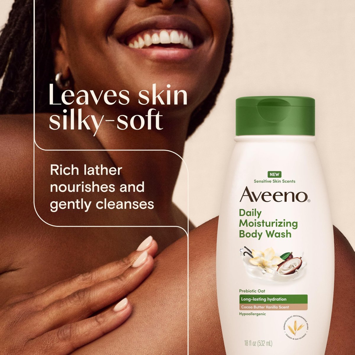 Aveeno Daily Moisturizing Body Wash with Cocoa Butter Vanilla Scent & Soothing Prebiotic Oat – Long-Lasting Hydration for Sensitive Skin, Hypoallergenic, Paraben-Free, 18 fl. oz - görsel 9